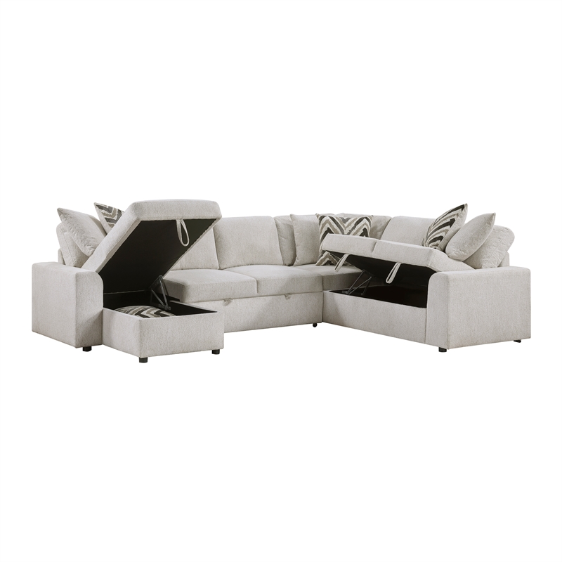 Pemberly Row Chenille 3-Piece Sectional with Pull-Out Bed in Beige
