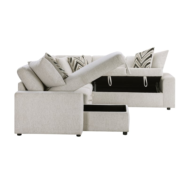 Pemberly Row Chenille 3-Piece Sectional with Pull-Out Bed in Beige