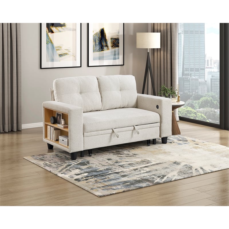 Pemberly Row Boucle Convertible Love Seat with Pull-Out Bed in Beige