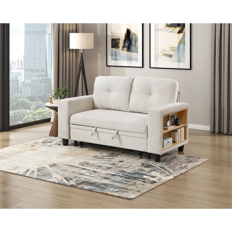 Pemberly Row Boucle Convertible Love Seat with Pull-Out Bed in Beige