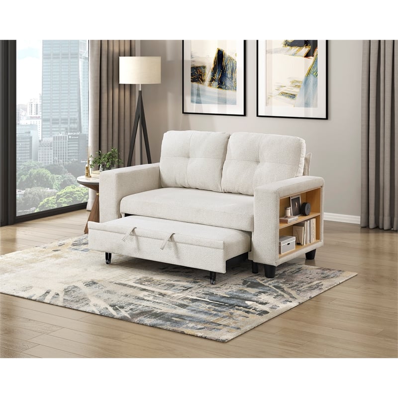 Pemberly Row Boucle Convertible Love Seat with Pull-Out Bed in Beige