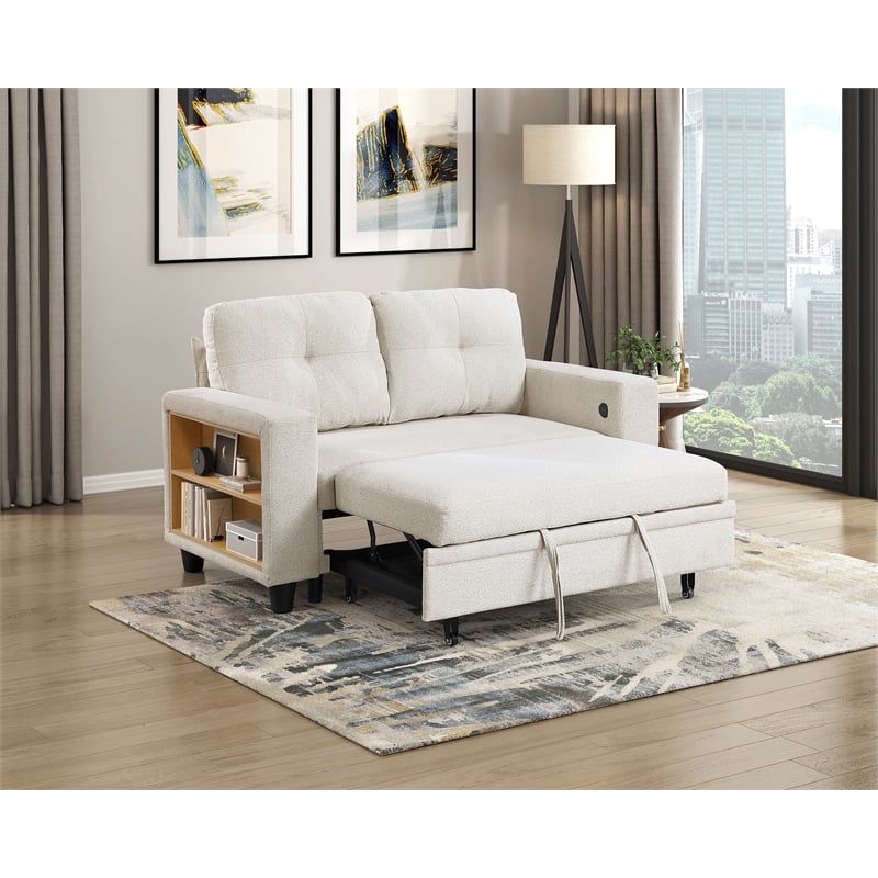 Pemberly Row Boucle Convertible Love Seat with Pull-Out Bed in Beige