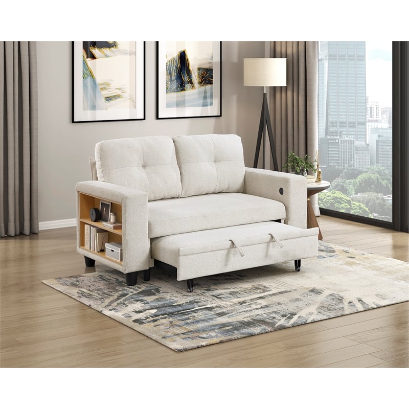 Pemberly Row Boucle Convertible Love Seat with Pull-Out Bed in Beige