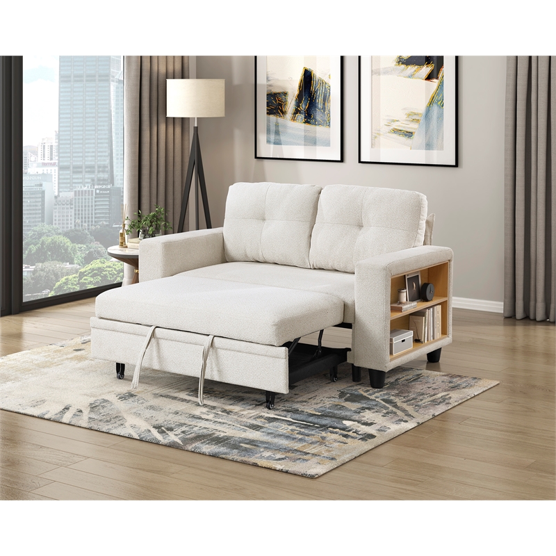 Pemberly Row Boucle Convertible Love Seat with Pull-Out Bed in Beige
