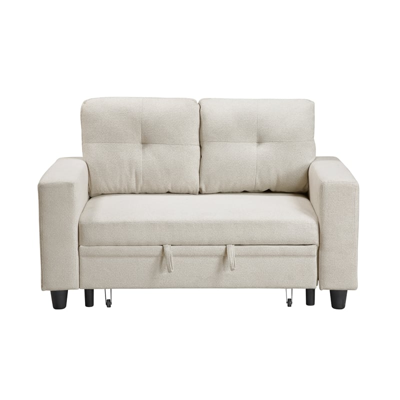 Pemberly Row Boucle Convertible Love Seat with Pull-Out Bed in Beige