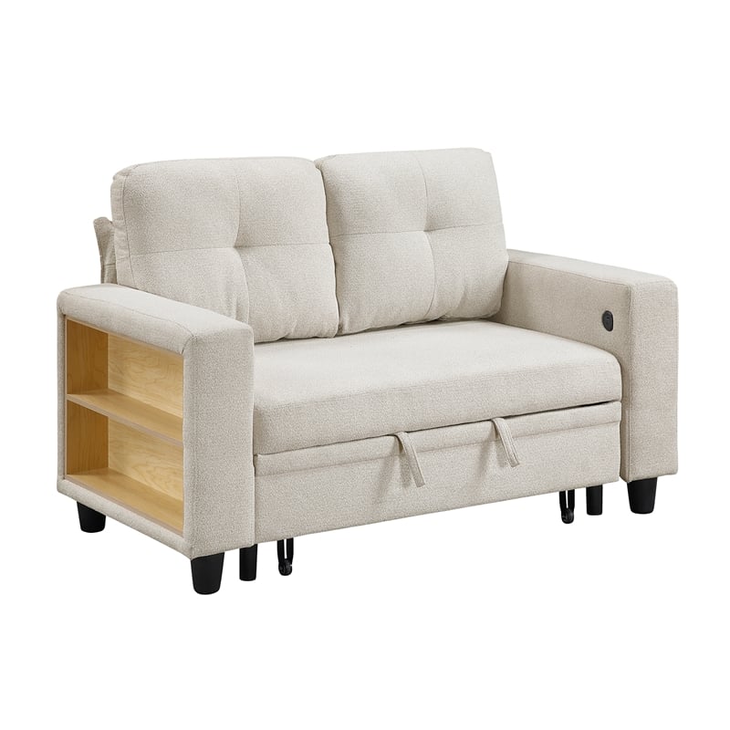 Pemberly Row Boucle Convertible Love Seat with Pull-Out Bed in Beige