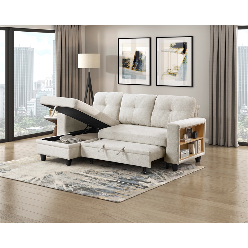 Pemberly Row Boucle Sectional with Reversible Chaise and Pull-Out Bed in Beige