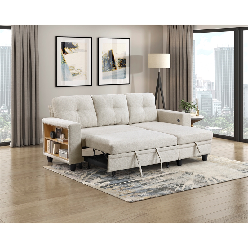 Pemberly Row Boucle Sectional with Reversible Chaise and Pull-Out Bed in Beige