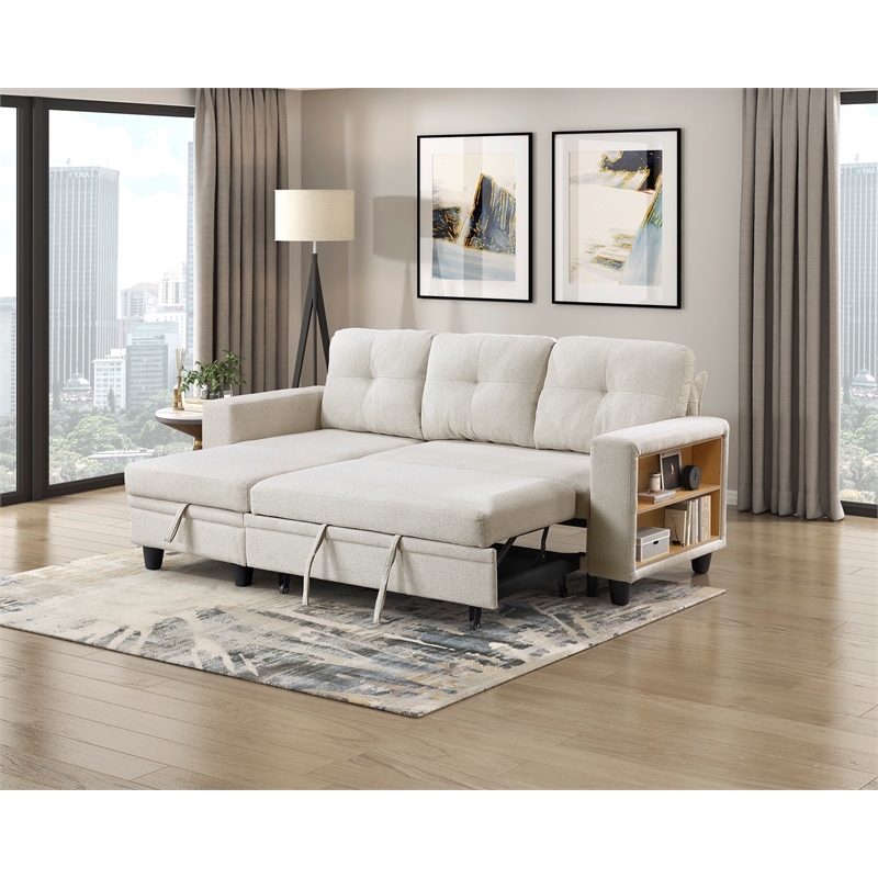 Pemberly Row Boucle Sectional with Reversible Chaise and Pull-Out Bed in Beige