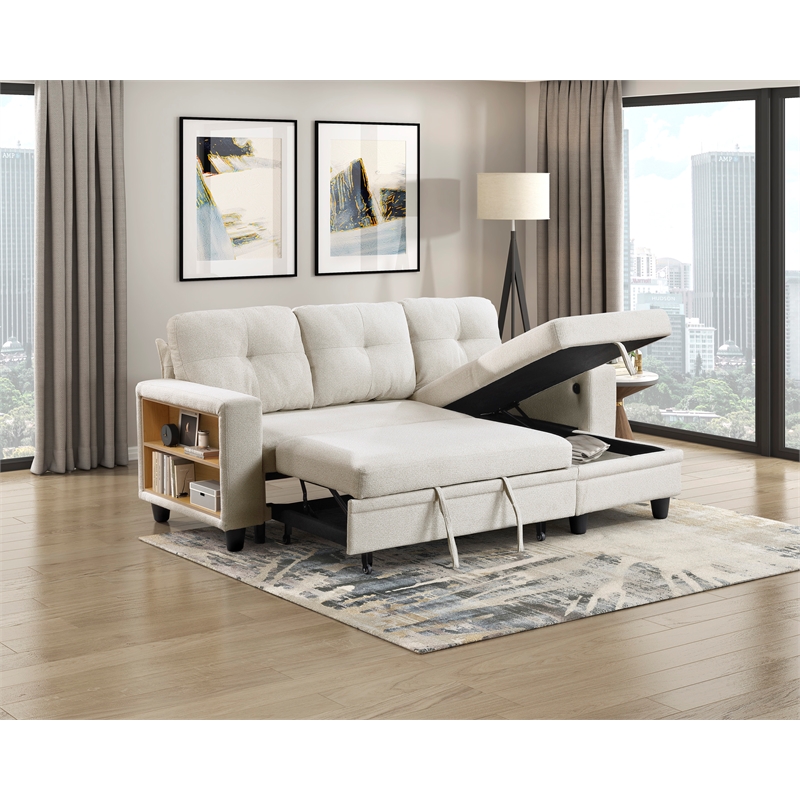 Pemberly Row Boucle Sectional with Reversible Chaise and Pull-Out Bed in Beige