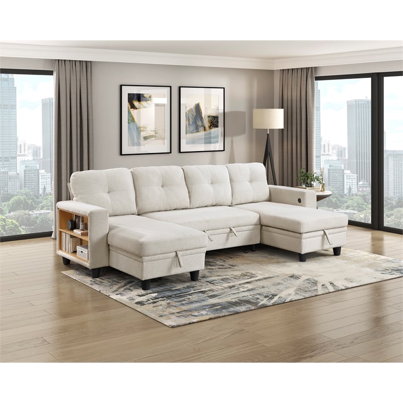 Pemberly Row Boucle U-Shaped Sectional with 2 Chaises and Pull-Out Bed in Beige