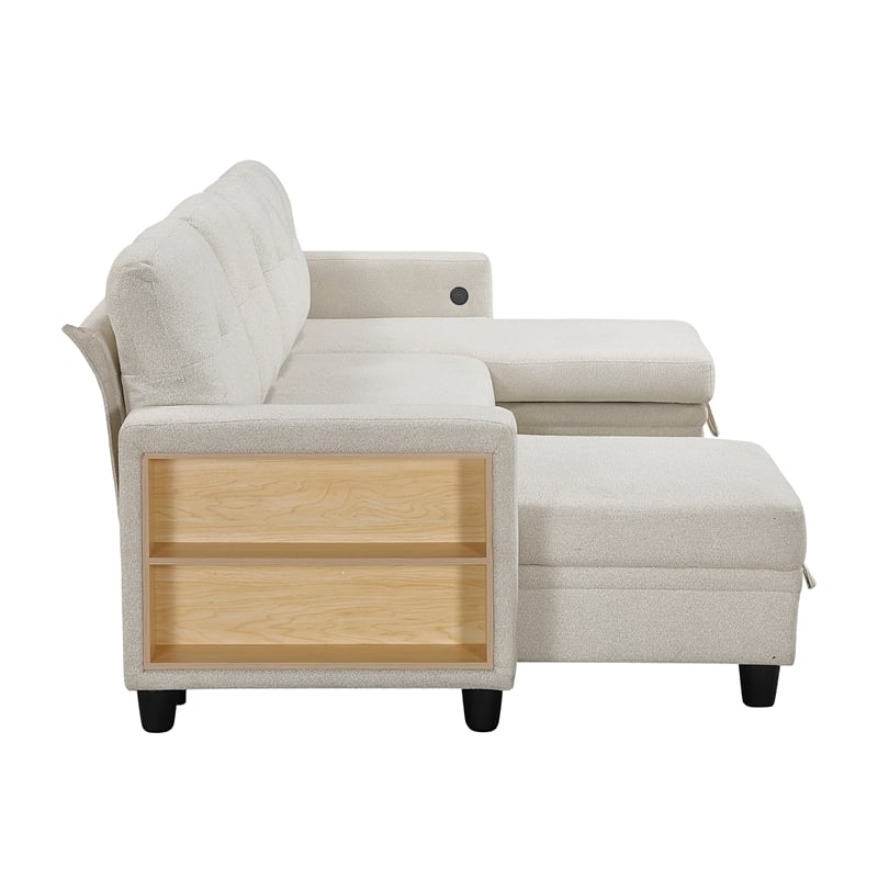Pemberly Row Boucle U-Shaped Sectional with 2 Chaises and Pull-Out Bed in Beige