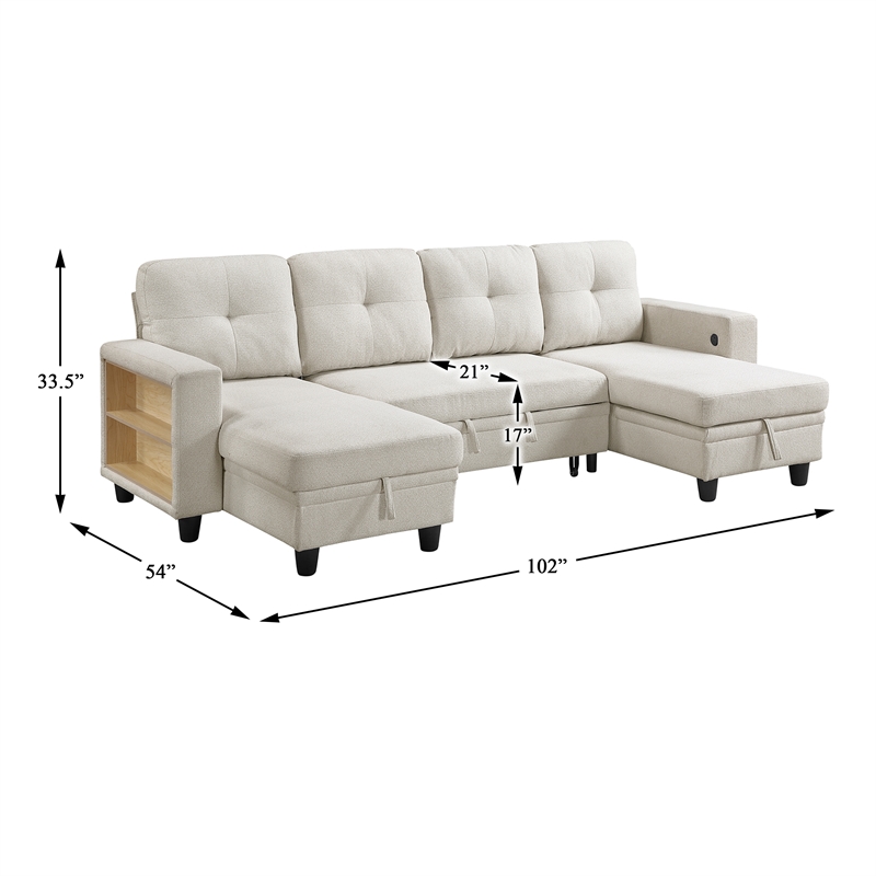 Pemberly Row Boucle U-Shaped Sectional with 2 Chaises and Pull-Out Bed in Beige