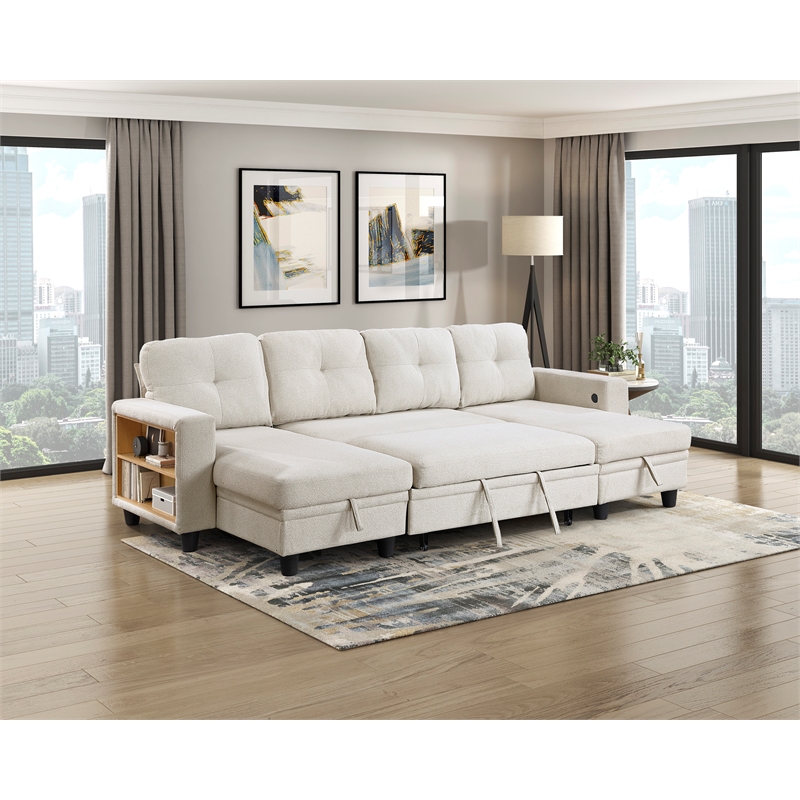 Pemberly Row Boucle U-Shaped Sectional with 2 Chaises and Pull-Out Bed in Beige