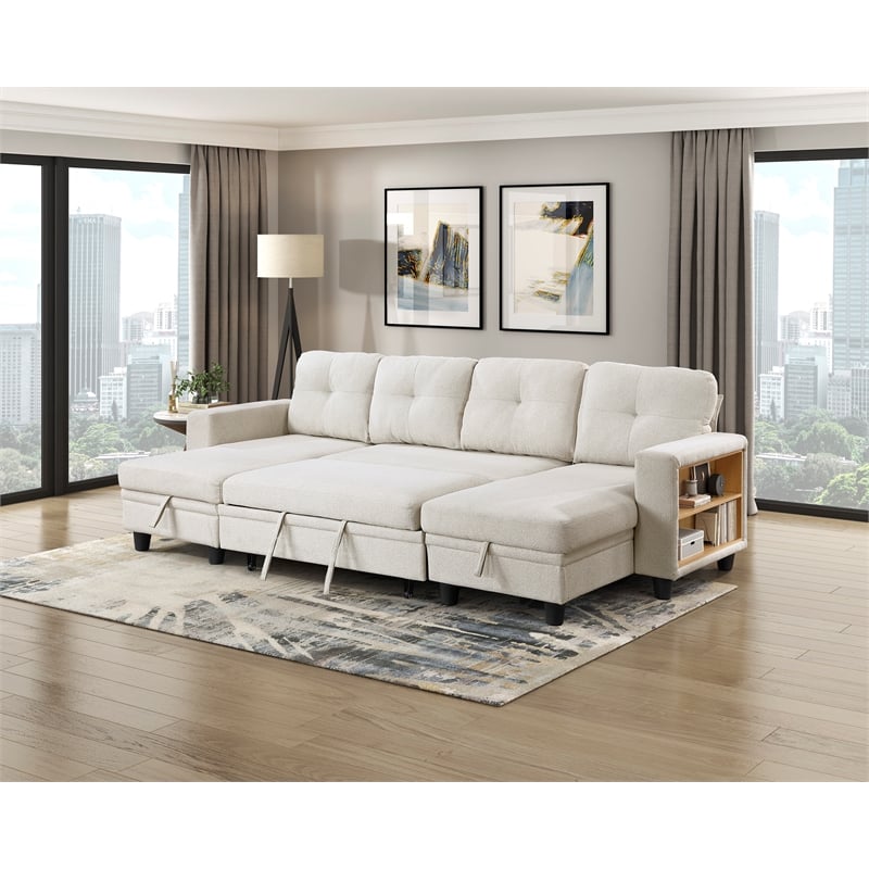 Pemberly Row Boucle U-Shaped Sectional with 2 Chaises and Pull-Out Bed in Beige