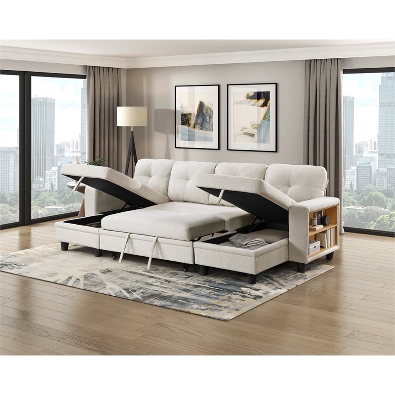 Pemberly Row Boucle U-Shaped Sectional with 2 Chaises and Pull-Out Bed in Beige