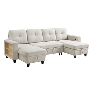 Pemberly Row Boucle U-Shaped Sectional with 2 Chaises and Pull-Out Bed in Beige