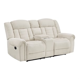 Pemberly Row Chenille Double Reclining Love Seat with Console in Beige