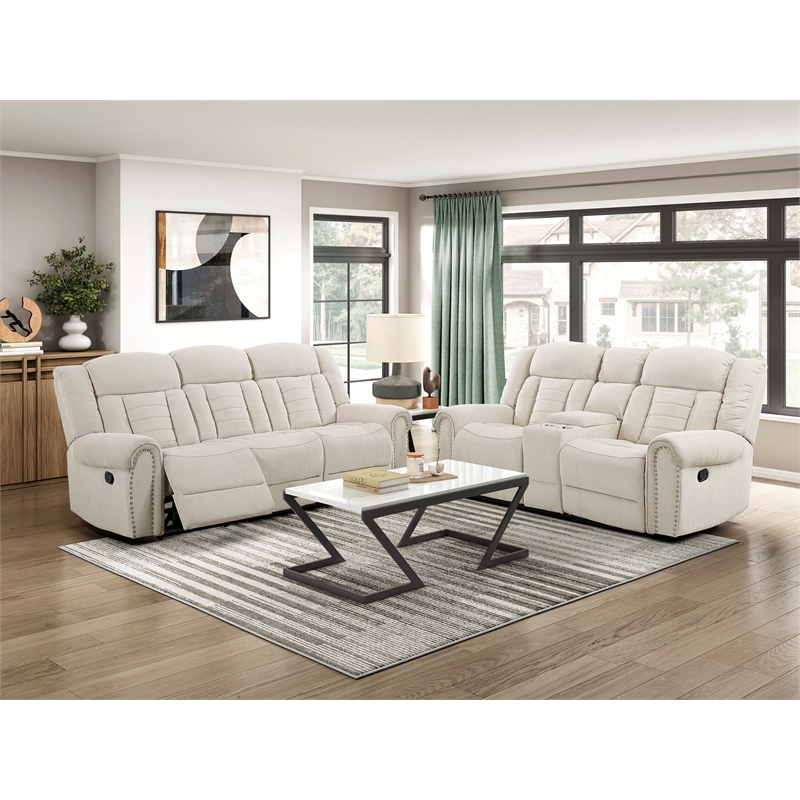 Pemberly Row Chenille Double Reclining 3-Seat Sofa with Cup Holders in Beige
