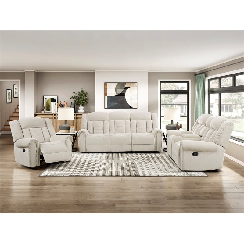 Pemberly Row Chenille Double Reclining 3-Seat Sofa with Cup Holders in Beige