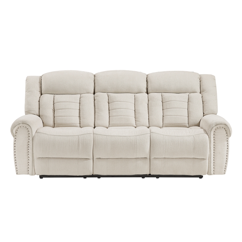 Pemberly Row Chenille Double Reclining 3-Seat Sofa with Cup Holders in Beige