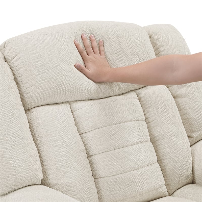 Pemberly Row Chenille Double Reclining 3-Seat Sofa with Cup Holders in Beige