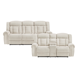 Pemberly Row Chenille Double Reclining Love Seat with Console in Beige