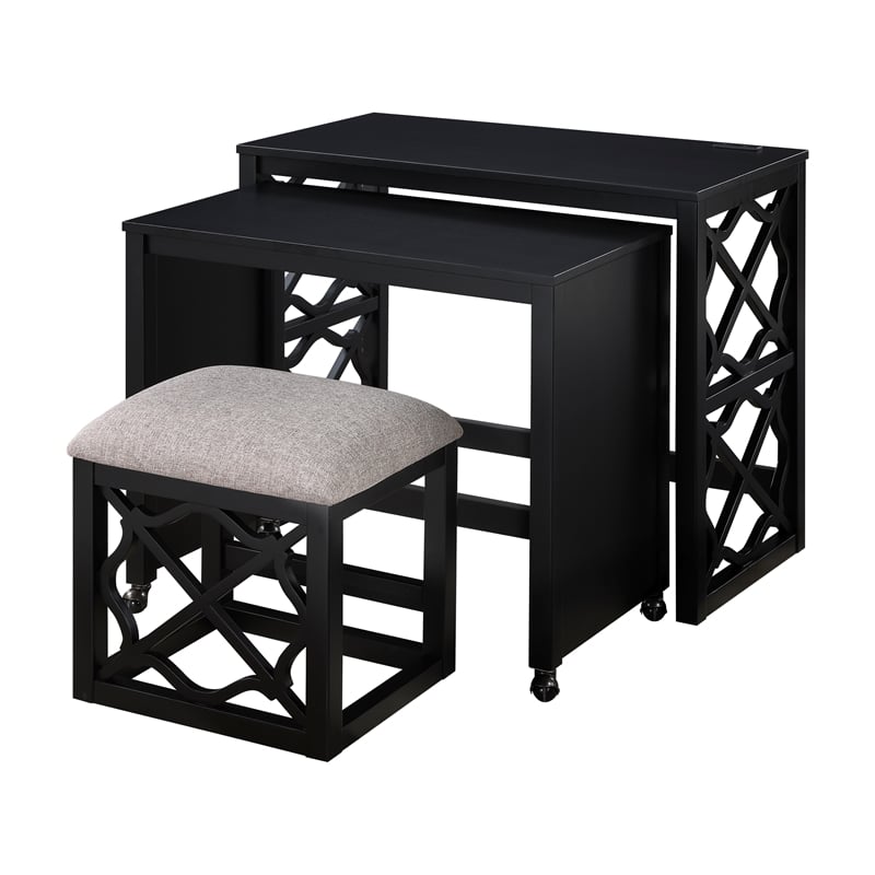 Pemberly Row 3-Piece Nesting Desk Set with Padded Stool in Black