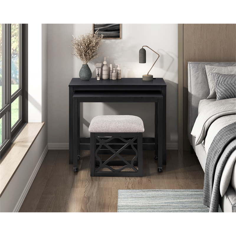 Pemberly Row 3-Piece Nesting Desk Set with Padded Stool in Black