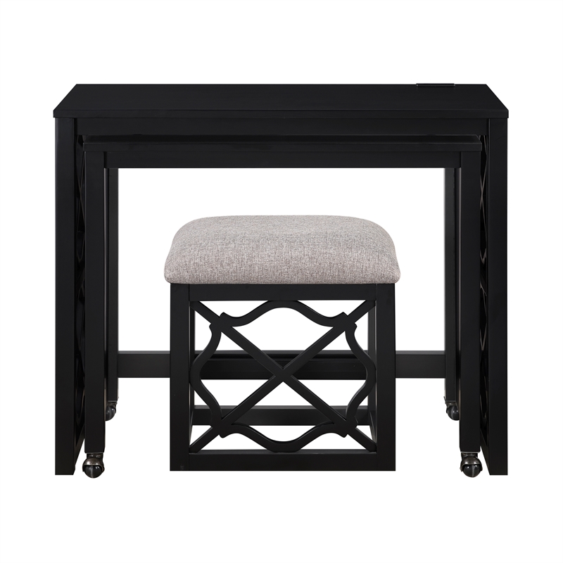 Pemberly Row 3-Piece Nesting Desk Set with Padded Stool in Black