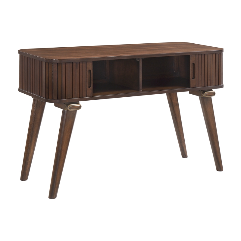 Pemberly Row Walnut Veneer Sofa Table with Tambour Doors in Walnut