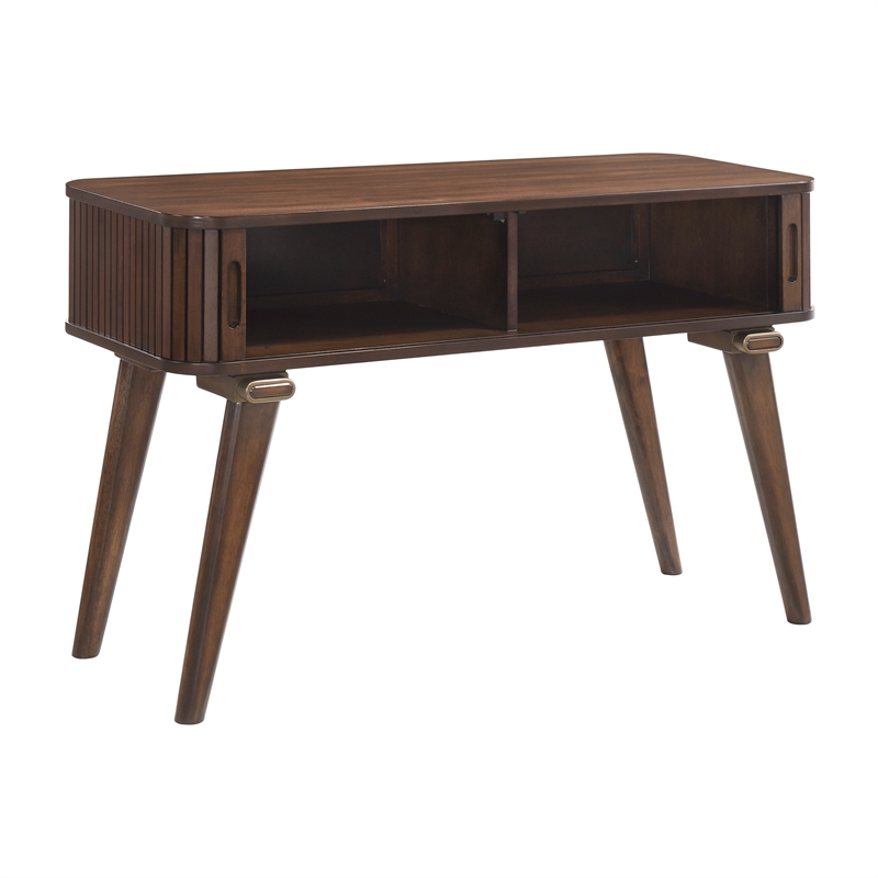 Pemberly Row Walnut Veneer Sofa Table with Tambour Doors in Walnut