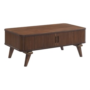 Pemberly Row Walnut Veneer Cocktail Table with Tambour Door Storage