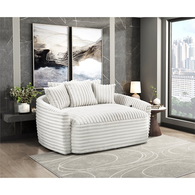 Pemberly Row Corduroy Oversized Chaise Lounge with USB Charging in Beige