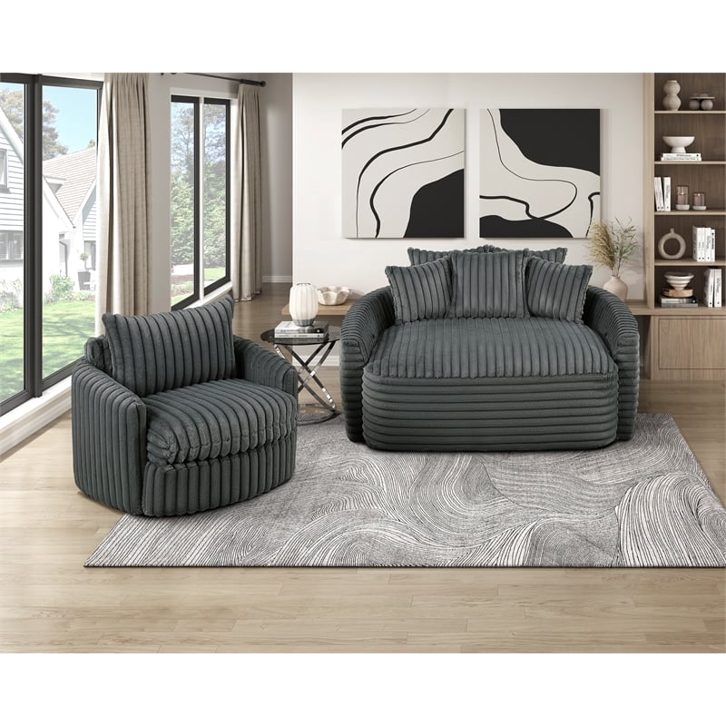 Pemberly Row Corduroy Oversized Chaise Lounge with USB Charging in Dark Gray