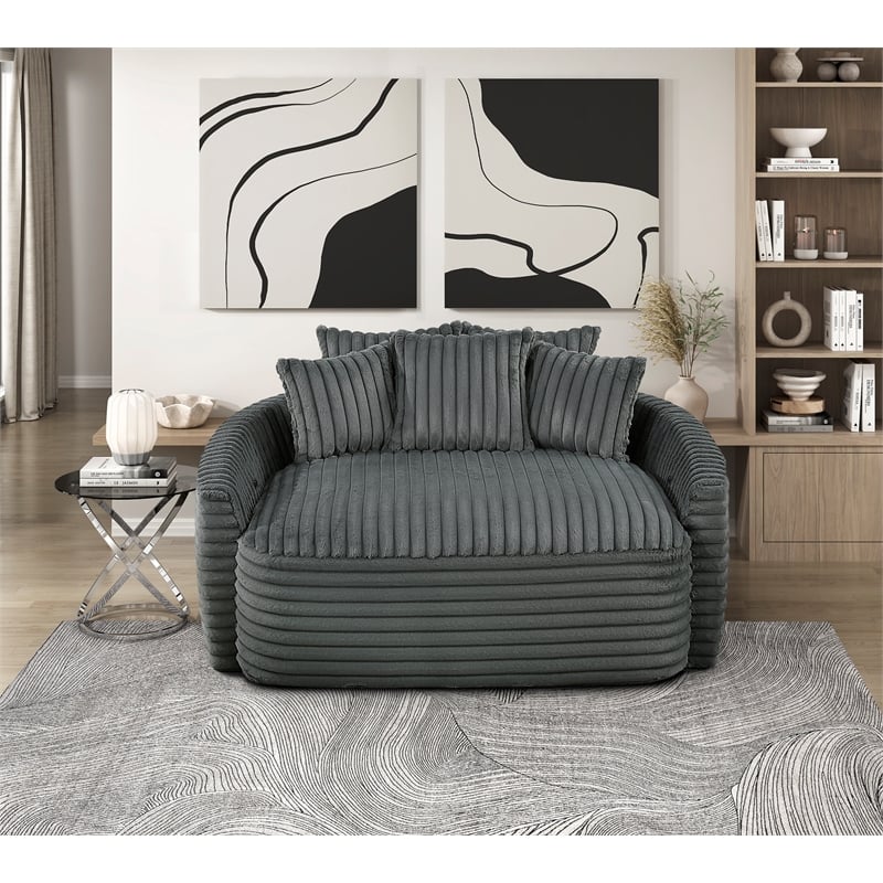 Pemberly Row Corduroy Oversized Chaise Lounge with USB Charging in Dark Gray