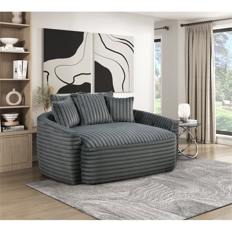Pemberly Row Corduroy Oversized Chaise Lounge with USB Charging in Dark Gray