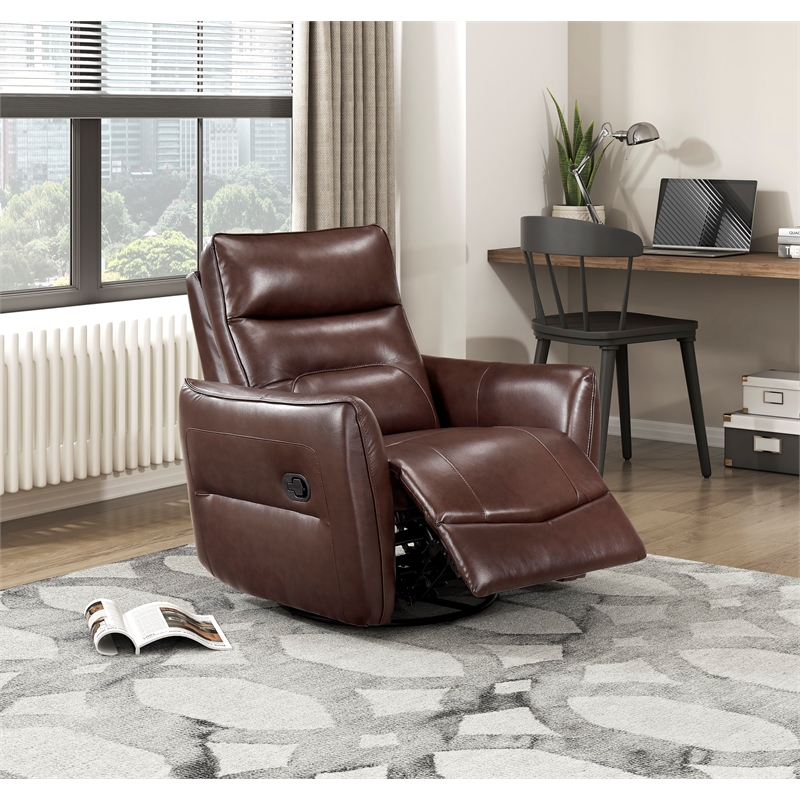 Pemberly Row Top Grain Leather Swivel Glider Recliner in Brown