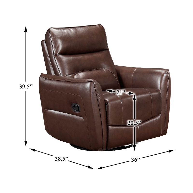 Pemberly Row Top Grain Leather Swivel Glider Recliner in Brown