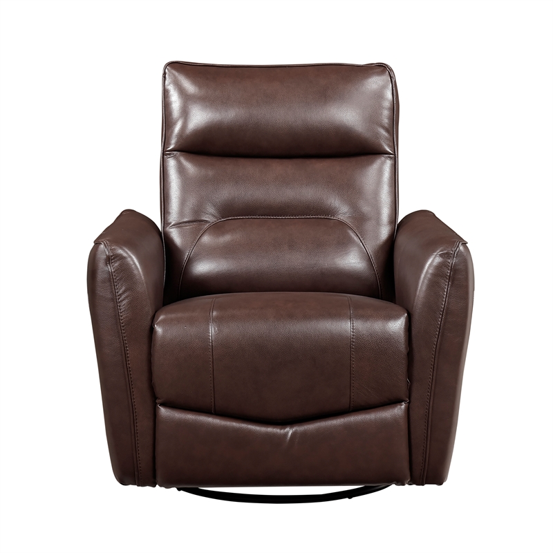 Pemberly Row Top Grain Leather Swivel Glider Recliner in Brown