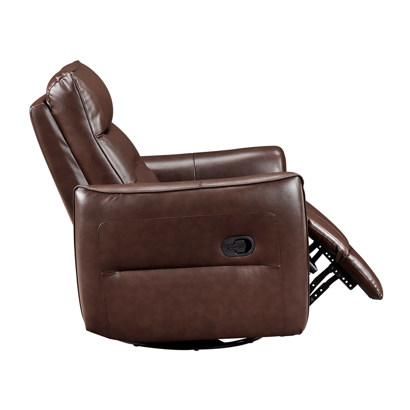 Pemberly Row Top Grain Leather Swivel Glider Recliner in Brown