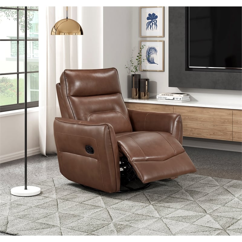 Pemberly Row Top Grain Leather Swivel Glider Recliner in Toffee Brown