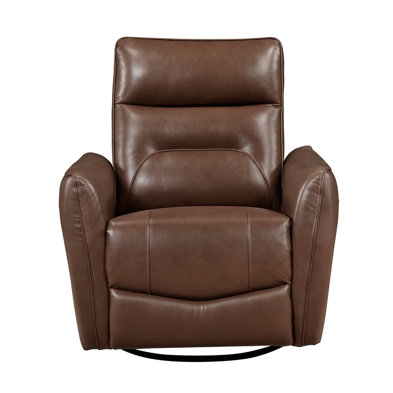 Pemberly Row Top Grain Leather Swivel Glider Recliner in Toffee Brown