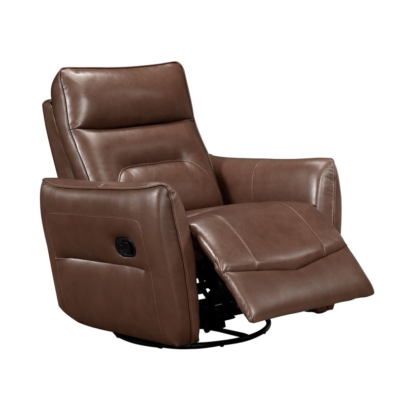 Pemberly Row Top Grain Leather Swivel Glider Recliner in Toffee Brown