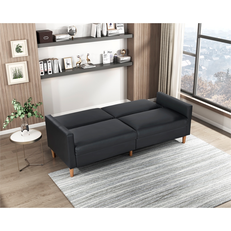 Pemberly Row Faux Leather Convertible Lounger with Drop-Down Back in Black