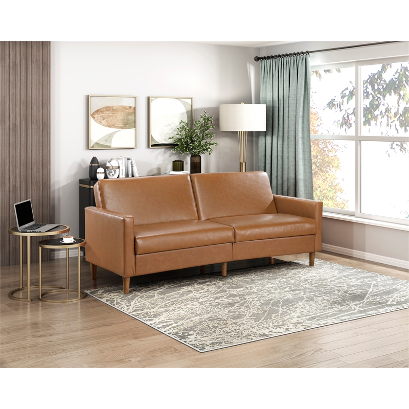 Pemberly Row Faux Leather Convertible Lounger with Drop-Down Back in Camel