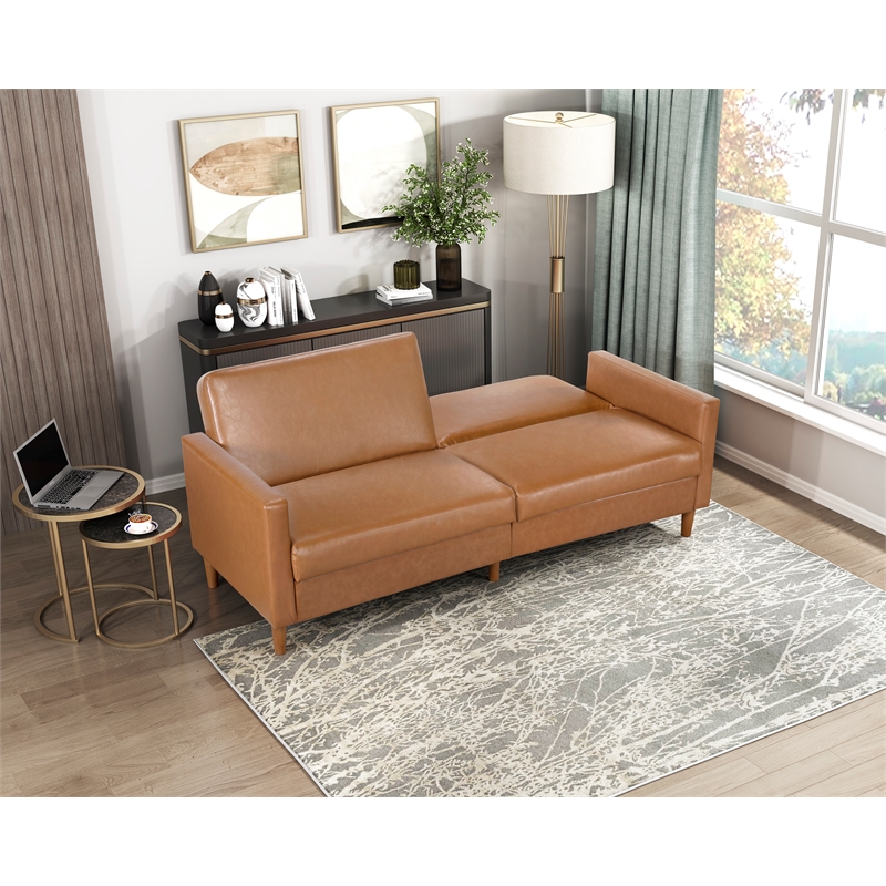 Pemberly Row Faux Leather Convertible Lounger with Drop-Down Back in Camel