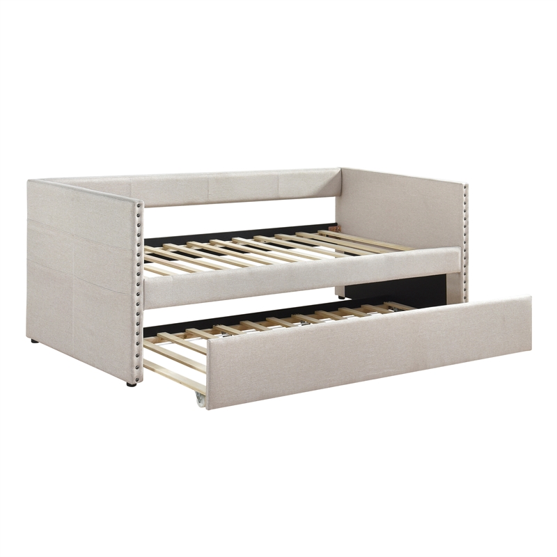 Pemberly Row Textured Fabric Daybed with Pull-Out Trundle in Beige