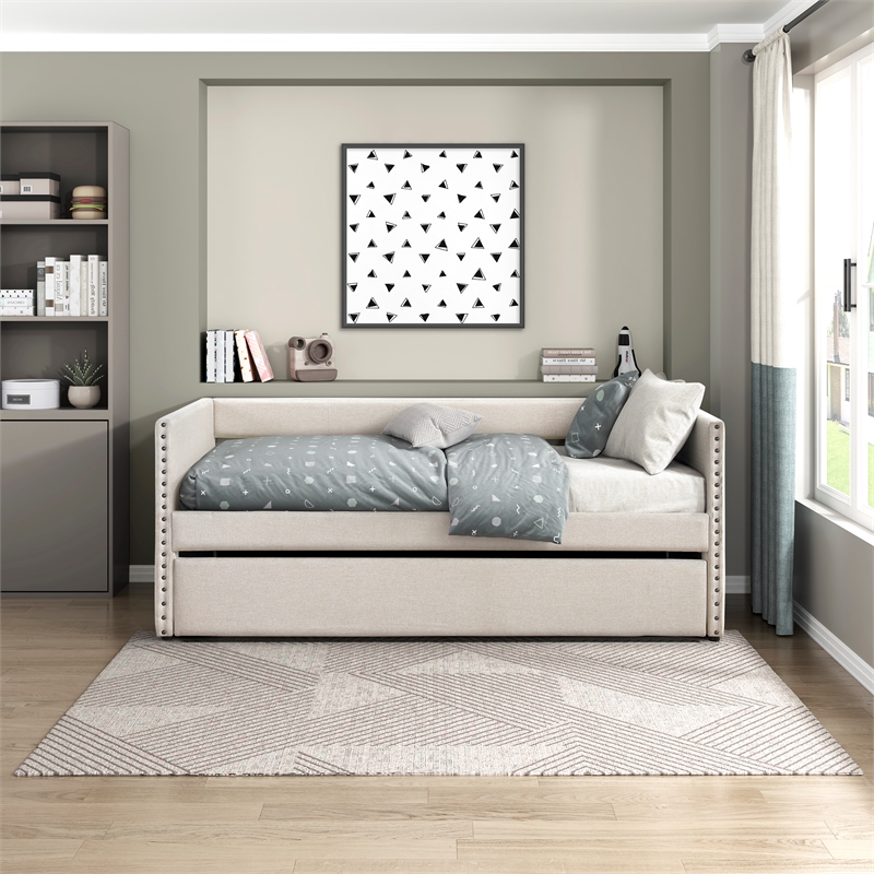 Pemberly Row Textured Fabric Daybed with Pull-Out Trundle in Beige