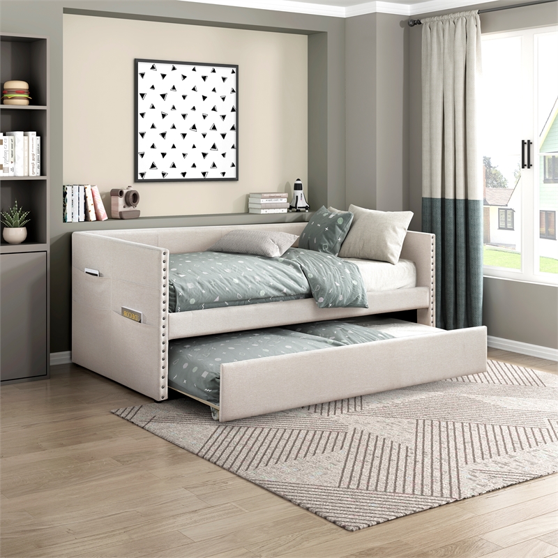 Pemberly Row Textured Fabric Daybed with Pull-Out Trundle in Beige